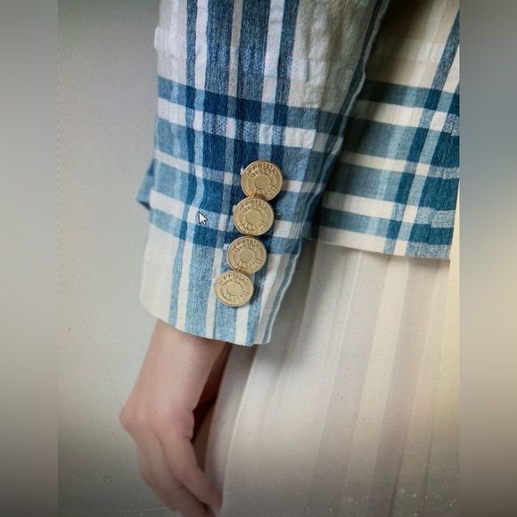 Olivvi NWT Cream and Blue Fitted Plaid Blazer  Jacket ,Gold Logo Button ,Size L - Picture 3 of 13